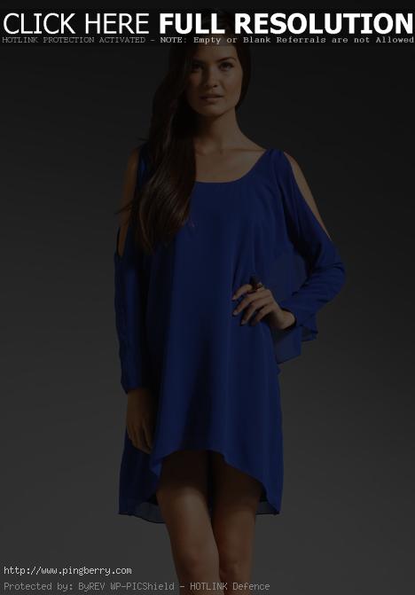 blue silk chiffon open shoulder dress in twilight