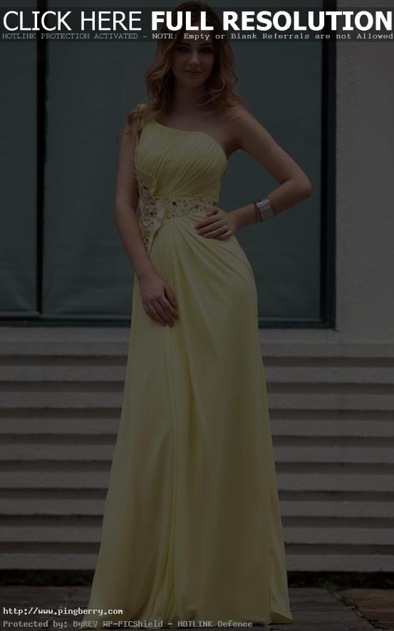 yellow sexy one shoulder pleated beaded floor length gowns evening dress