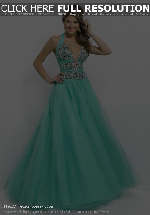 Natural Waist A-line Backless Sleeveless Halter Prom Dress in Teal Green