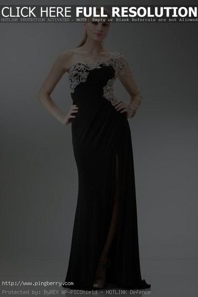 One Sleeve Beaded Jersey Prom Dress in Black