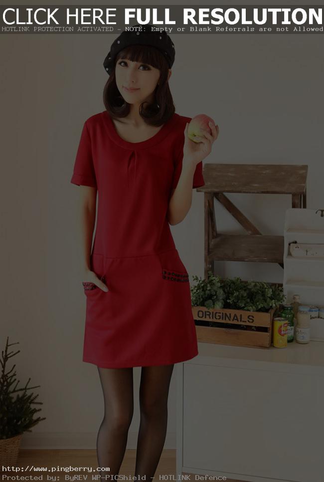 Red Short Sleeve Casual Dresses With Hat