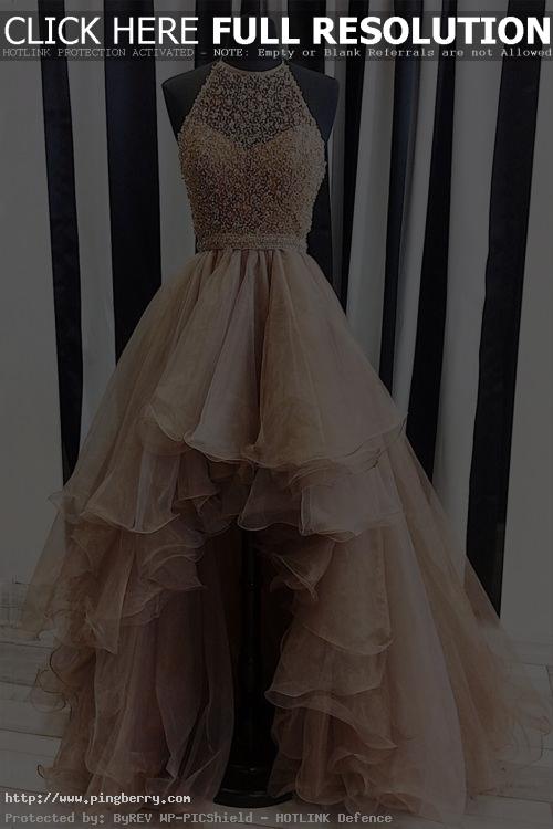 Champagne organza prom dress, high low dress, ball gown 2017...
