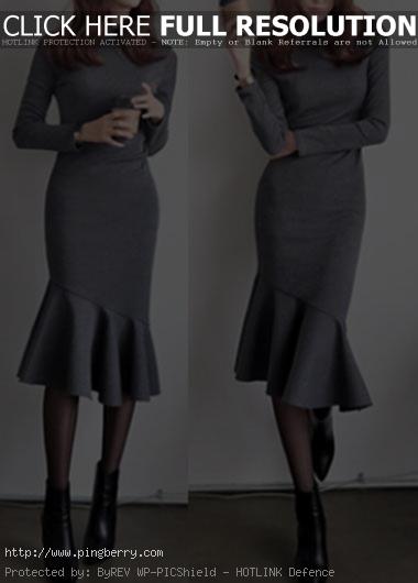 Grey Long Sleeve Round Neck Mermaid Midi Dress on sale only US$33.00 now, buy ch...