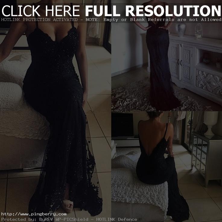Popular Sexy Spaghetti Black Lace Beaded V-Back Tulle Prom Dresses, PD0250...