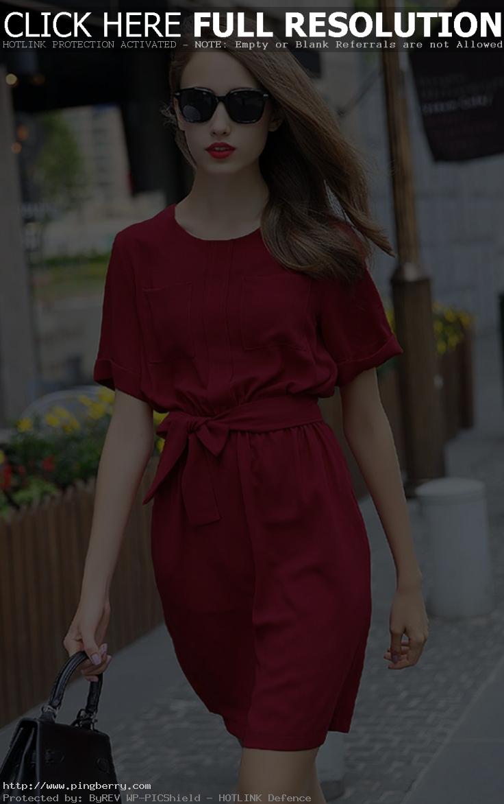 Red Short Sleeve Tie-Waist Casual Dress