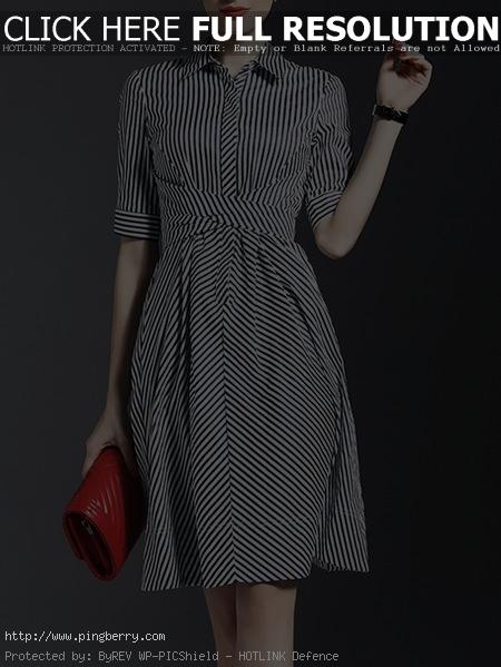 Shop Midi Dresses - Black Half Sleeve Stripes Shirt Dress online. Discover uniqu...