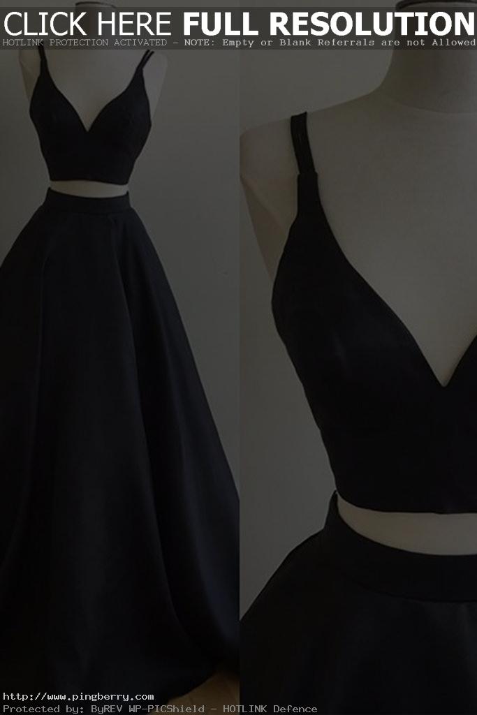 Simple black satins V-neck two pieces A-line long dresses,prom dresses...