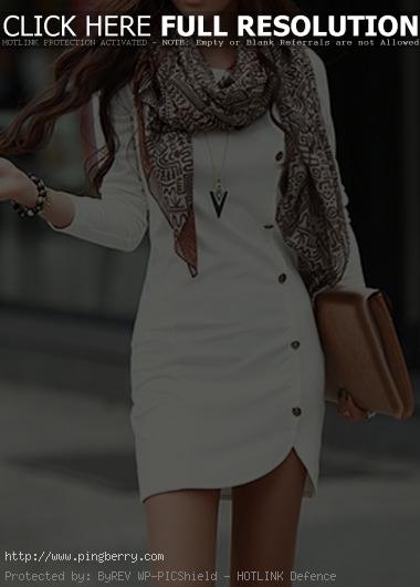 White Long Sleeve Side Button Fitted Mini Dress...