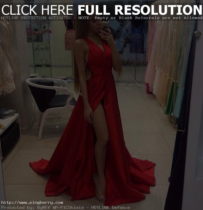 Women's Sexy A-Line V-Neck Red Long Prom Dresses For Sepical Occasion Dress ...