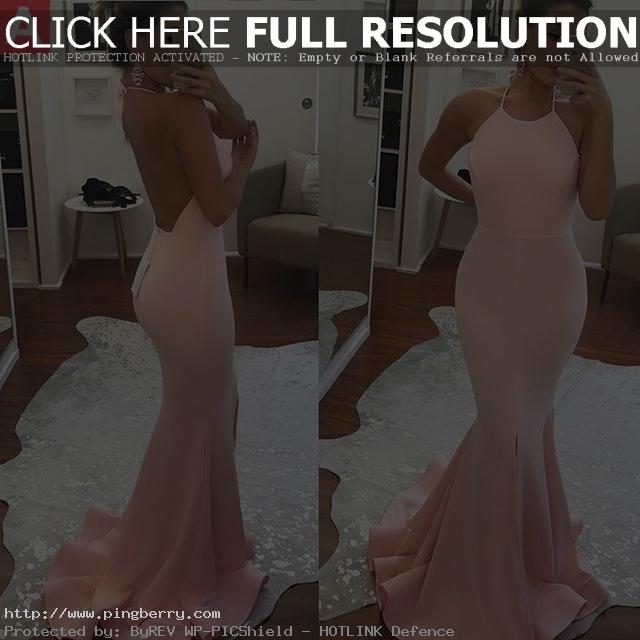 $126.99 Pink Halter Backless Sweep Train Mermaid Prom Dresses 2017products_id:(1...