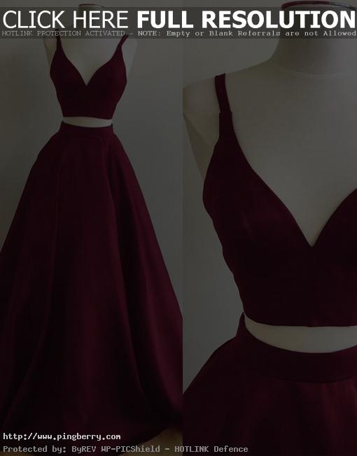 Simple A-Line Two-Piece V-Neck Burgundy Long Prom/Evening Dress...