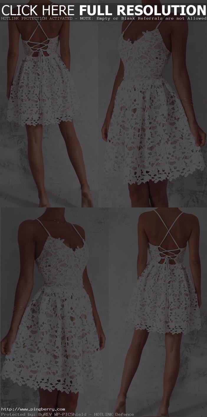 A-Line Spaghetti Straps Homecoming Dress,Lace-Up White Lace Short Homecoming Dre...