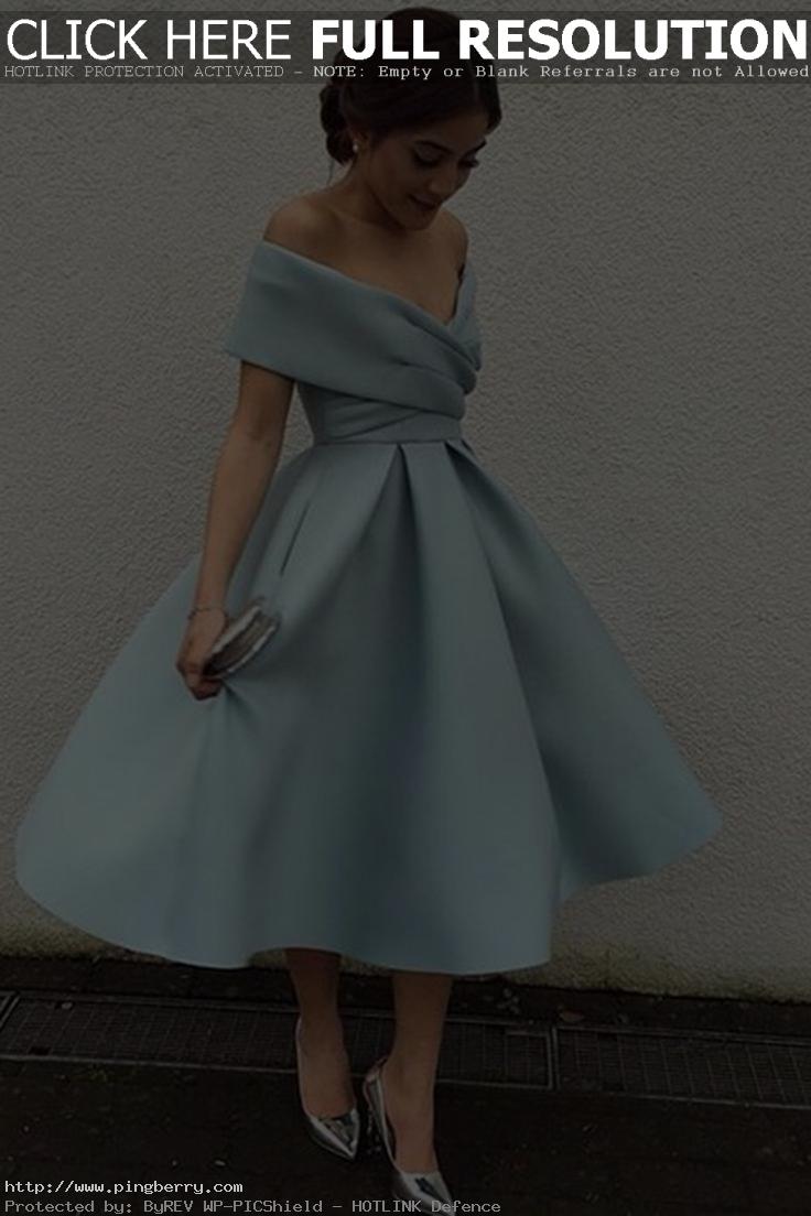 Light blue chiffon off-shoulder A-line knee-length  dress, formal dress...