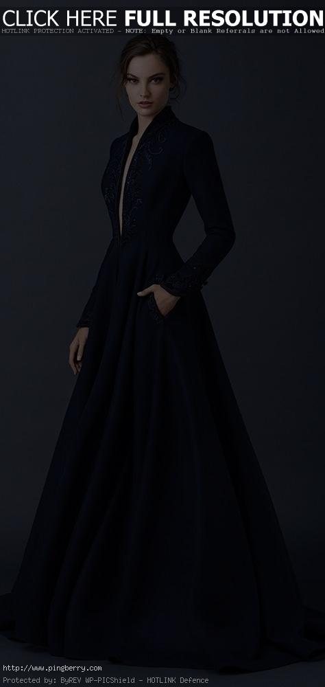 Paolo Sebastian Couture Fall/Winter 2014-2015 Navy gown high neck long sleeves a...