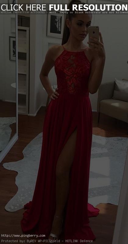 Prom Dress,Unique Prom Gown,A-Line Halter Prom Dress,Sexy Split-Front Evening Dr...