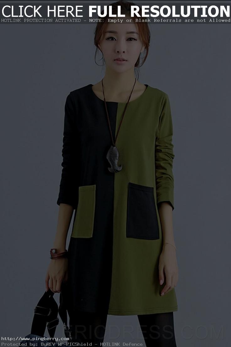 Colour Block Round Neck Casual Dresses 1 - love the black and khaki together. Gr...