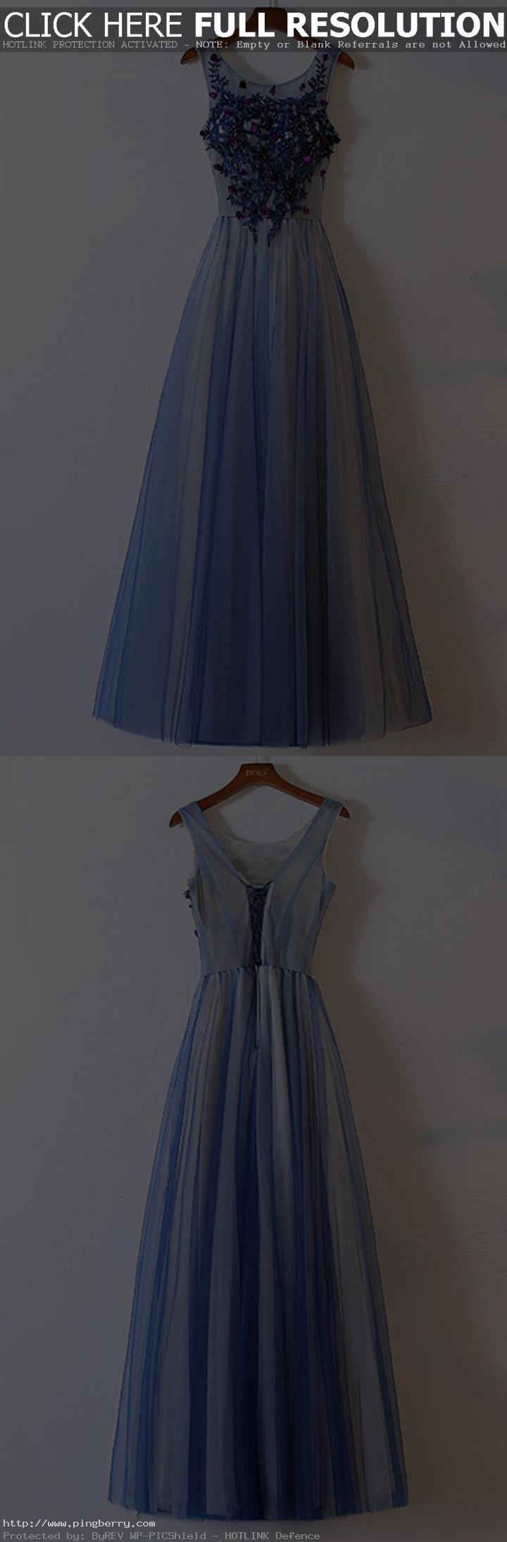 Blue Prom Dress,tulle Prom Dress, round neck Prom Dresses,long prom dresses, tul...