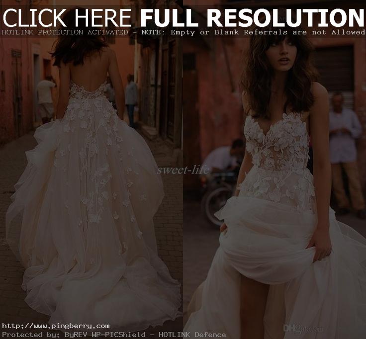 Liz Martinez Beach Wedding Dresses 2017 with 3D Floral V-neck Tiered Skirt Backl...
