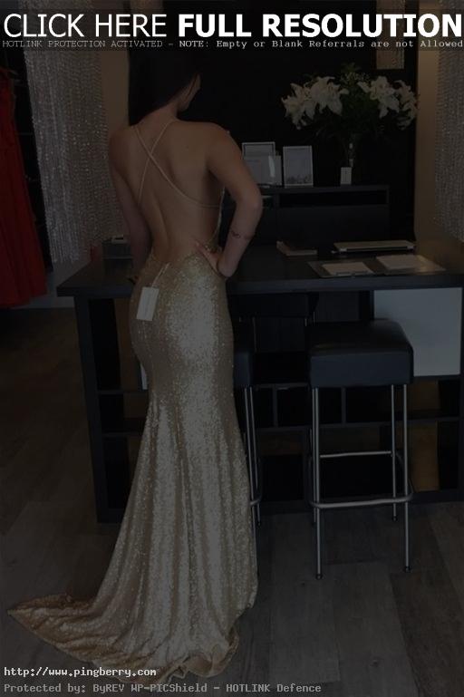 Luxurious Prom Dress,Floor Length Mermaid Style Gold Prom Dress ,Halter Backless...
