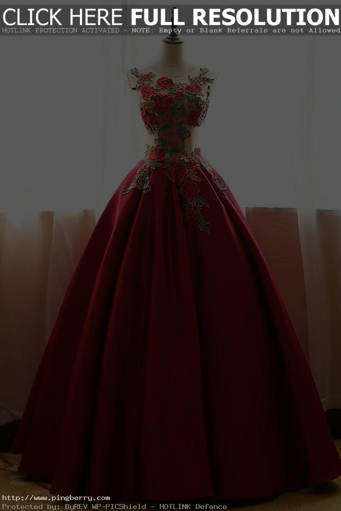 Red chiffon satins rose applique round neck A-line  long prom dresses,ball gown ...