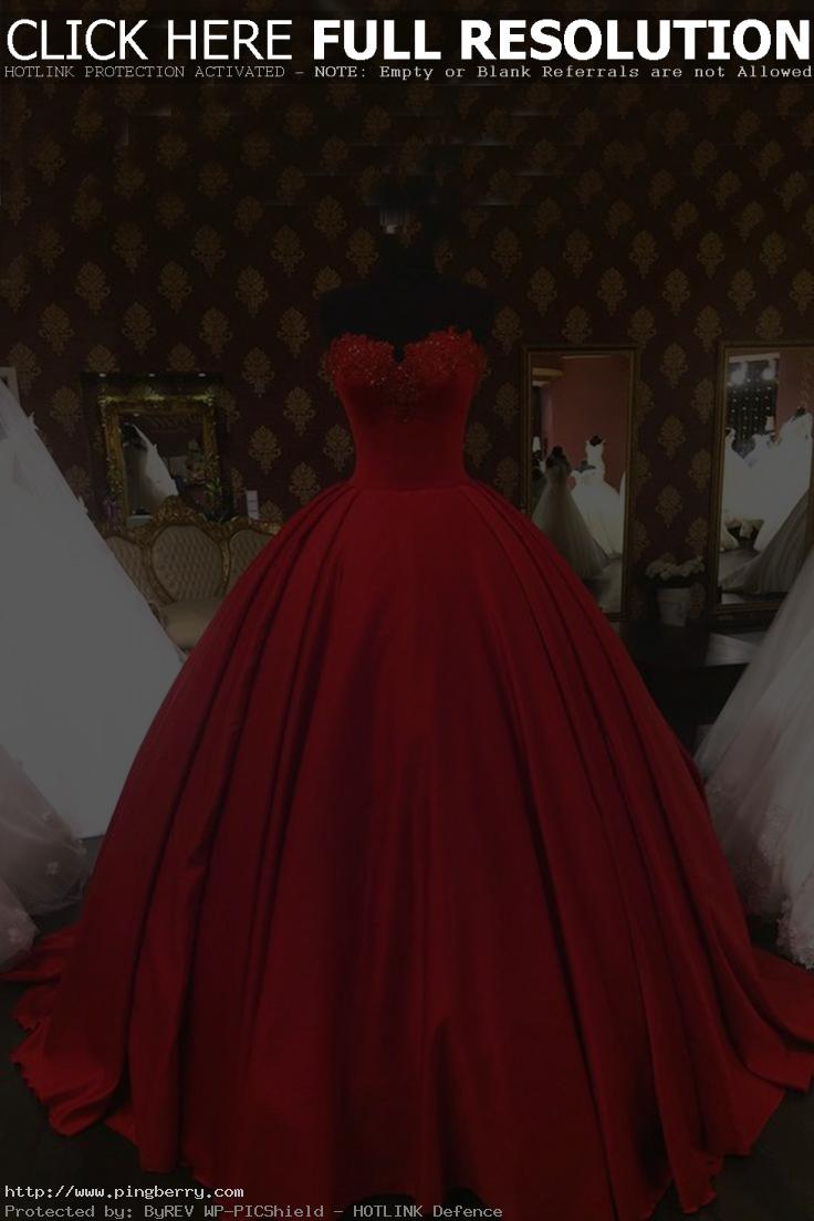 Red satin high waist prom dress, ball gowns wedding dress...