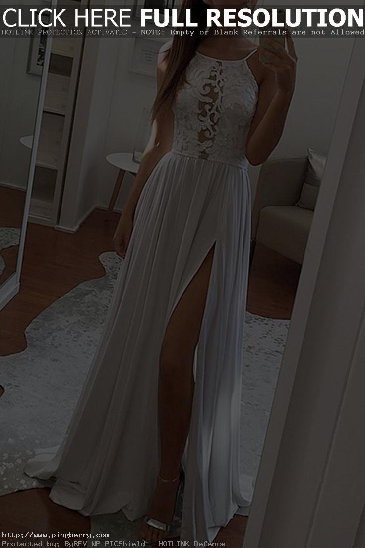 Simple lace top gray chiffon prom dress, halter prom dress, long prom dress with...