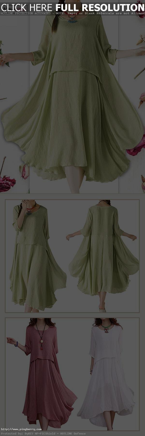 US$ 19.24 O-NEWE Elegant Solid 3/4 Sleeve Ruffled Irregular Dress For Women...