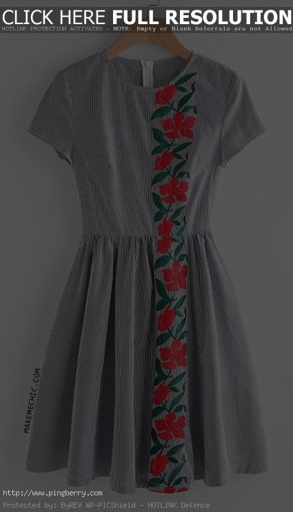 Embroidered Flower Panel Fit And Flare Striped Dress...