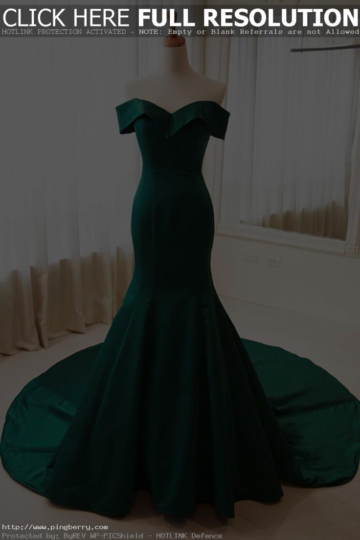 Green satin mermaid prom dress, ball gown, elegant off the shoulder dress for pr...