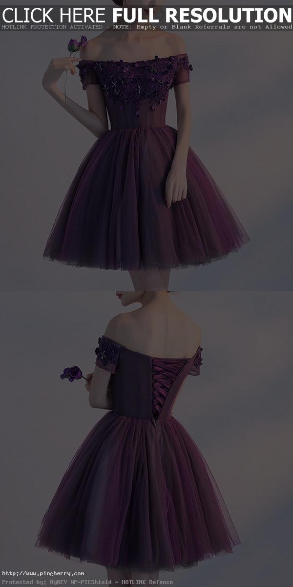 Little Cute | Cute A line purple off shoulder short prom dress, homecoming dress...