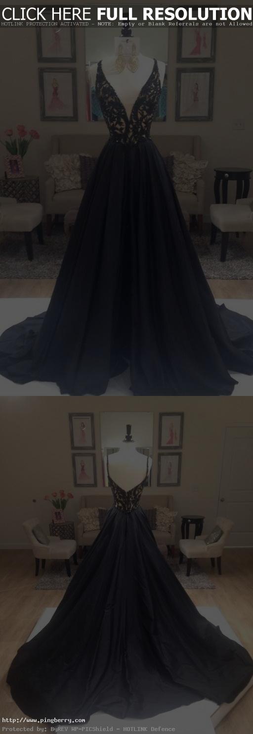Black A-line Elegant Deep V-Neck Prom Dresses, Black Long Evening Party Dresses,...