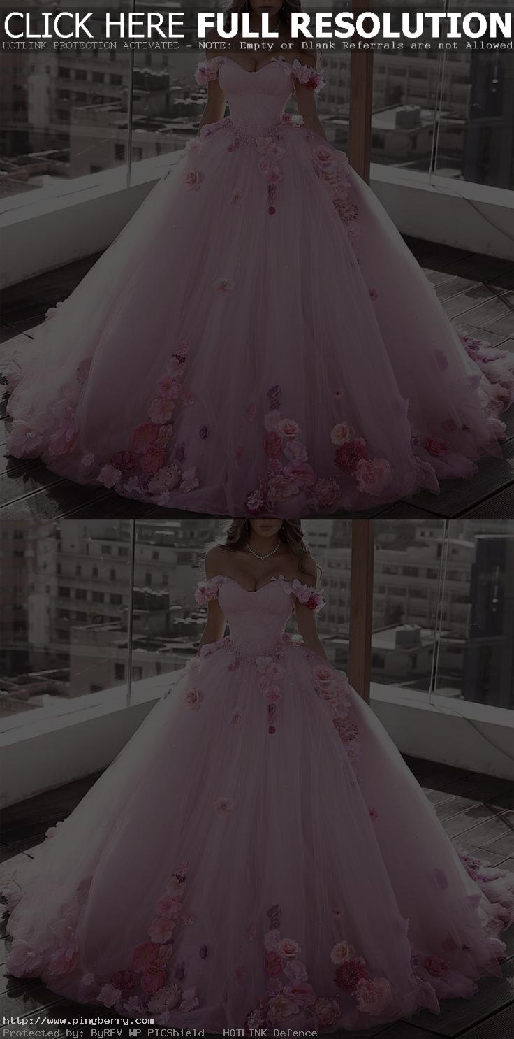 Blush Pink Tulle Off Shoulder Ball Gown Wedding Dresses Floral Flowers Beaded #w...