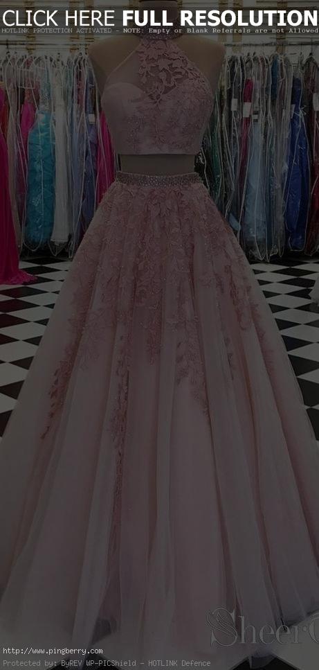 Lace Appliquéd Two Piece Prom Dresses Long Cheap Halter Ball Gowns APD3165