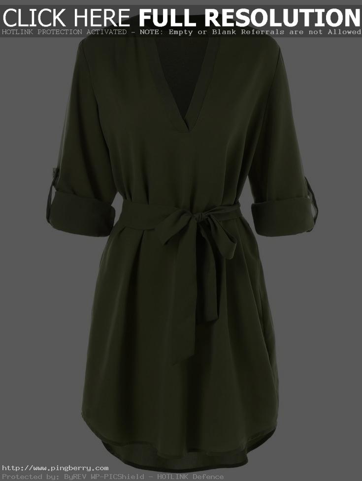 Casual Belted Knee Length Dress - Army Green - 3877665212 - Original Design-Wome...