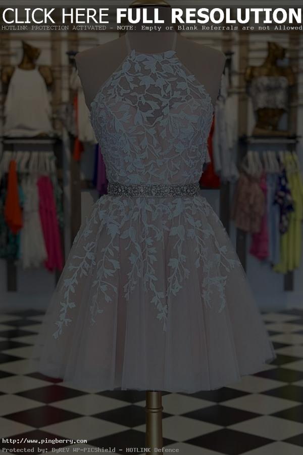 Champagne tulle lace short prom dress champagne homecoming dress...