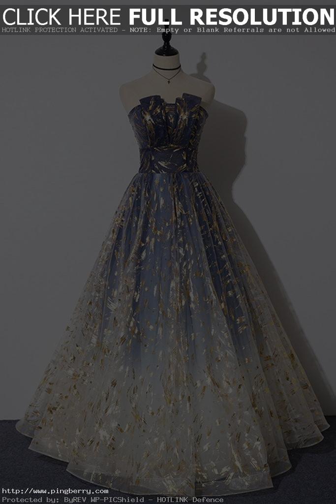Blue Floral Print Tulle Strapless Long A Line Prom Dress, Graduation Dress...