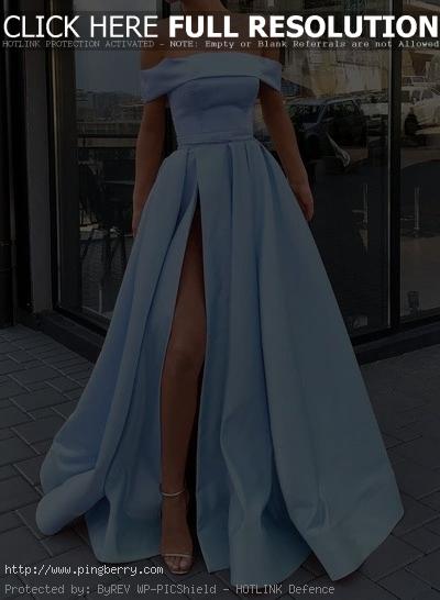 Sweep Train A-Line/Princess Gorgeous Off-the-Shoulder Satin Prom Dresses on Stor...